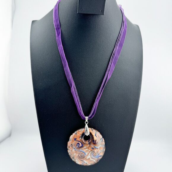 Vintage Murano Blue Glass Swirl Pendant 18K Gold Foil with 18 KGP Boho Retro - Picture 3 of 7